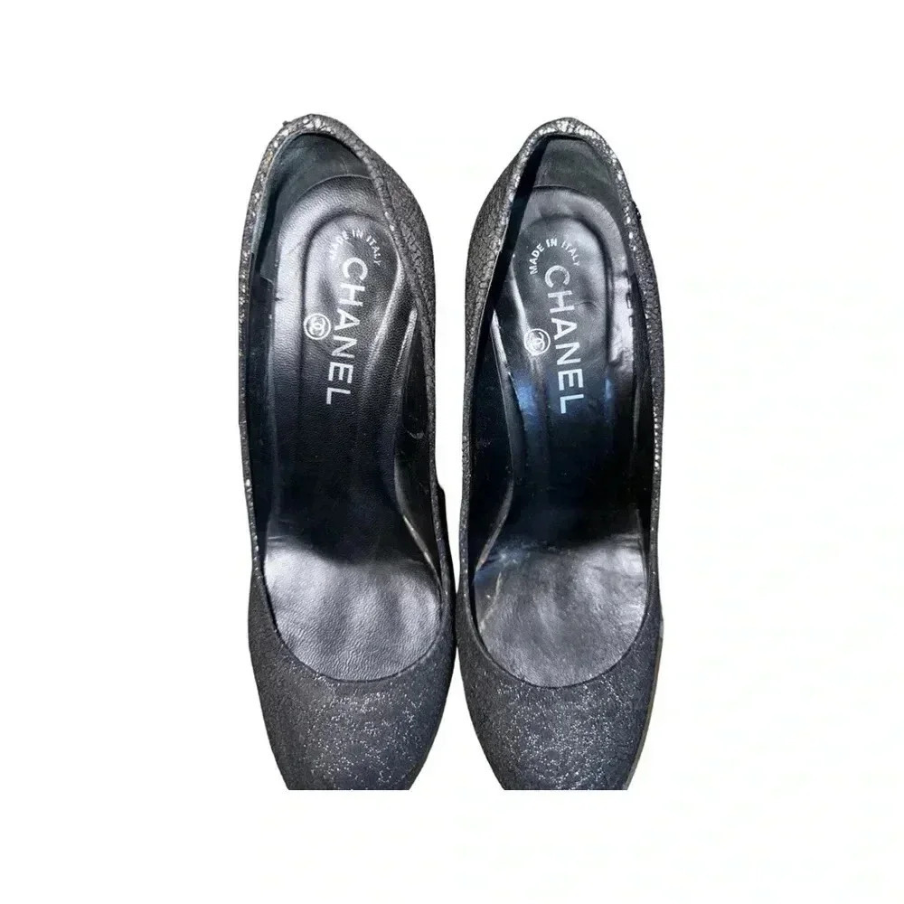 Chanel Black Shimmer Lace Almond Toe Pump Shoes Size 38 - Picture 5 of 10